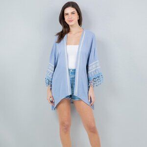 Lightweight Kimono With Aztec Stitch Detail & Fringe Sleeves